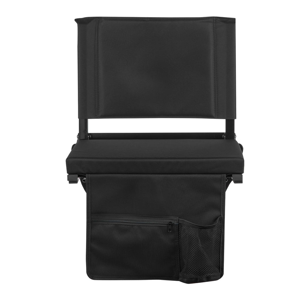 Stadium Seat, Folding Bleacher Chair with Back Support and Thick Cushion, Padded Stadium Seat for Bleacher Includes Shoulder Strap, Hooks, Cup Holder, and Side Pocket, Black Bleachers Chair