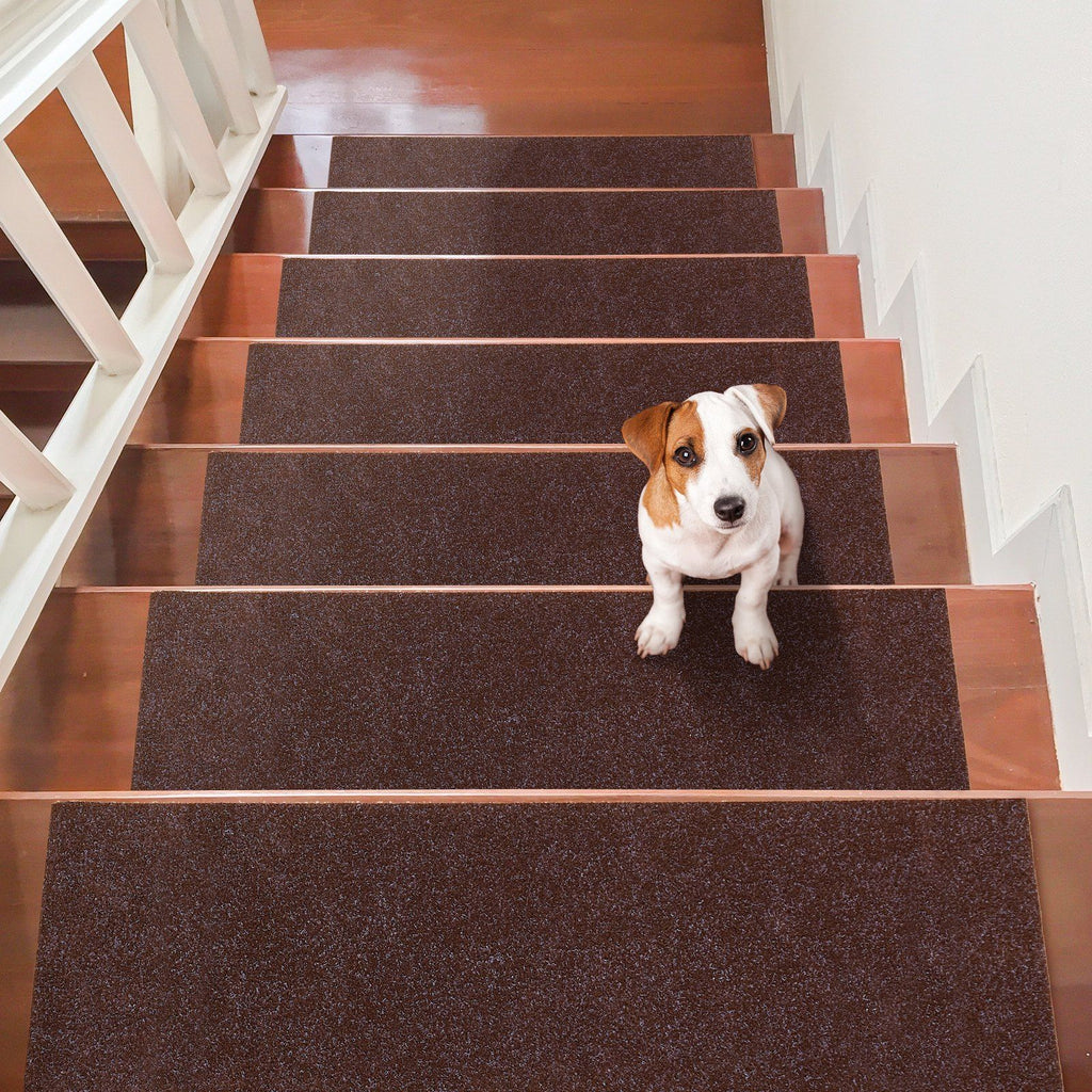 Stair Treads, Non-slip Stairs Carpet 8 x 30 inch, Indoor Stair Runner for Wooden Steps, Anti-slip Carpet Stair Rugs Mats for Kids Elders and Dogs, 15 pcs, Brown