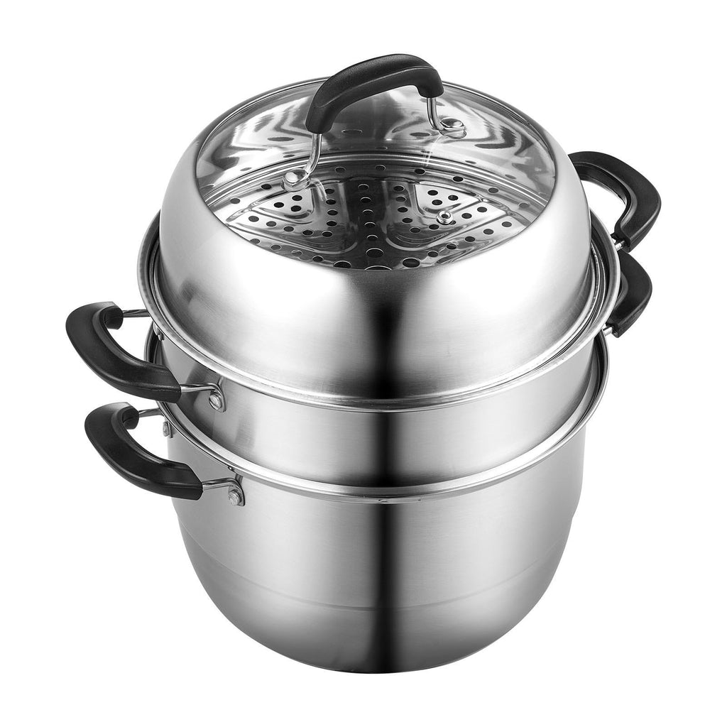 Steamer Pot 11in/28cm, 3 Tier Steamer Pot for Cooking with 8.5QT Stock Pot, Vegetable Steamer & 2 Steaming Tray, Food-Grade 304 Stainless Steel Food Steamer Cookware for Gas Electric Stove Grill