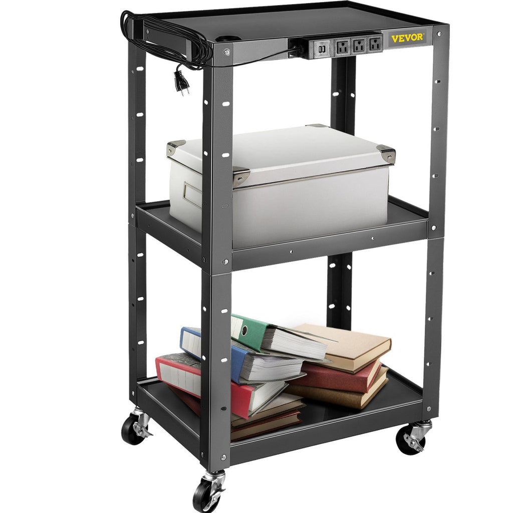 Steel AV Cart, 24-42" Height Adjustable Media Cart with Electric Power Cord, 24 x 32" Presentation Cart with 3 shelves, 150 LBS Rolling Projector Cart with and 2 Brakes Suitable for load-bearing