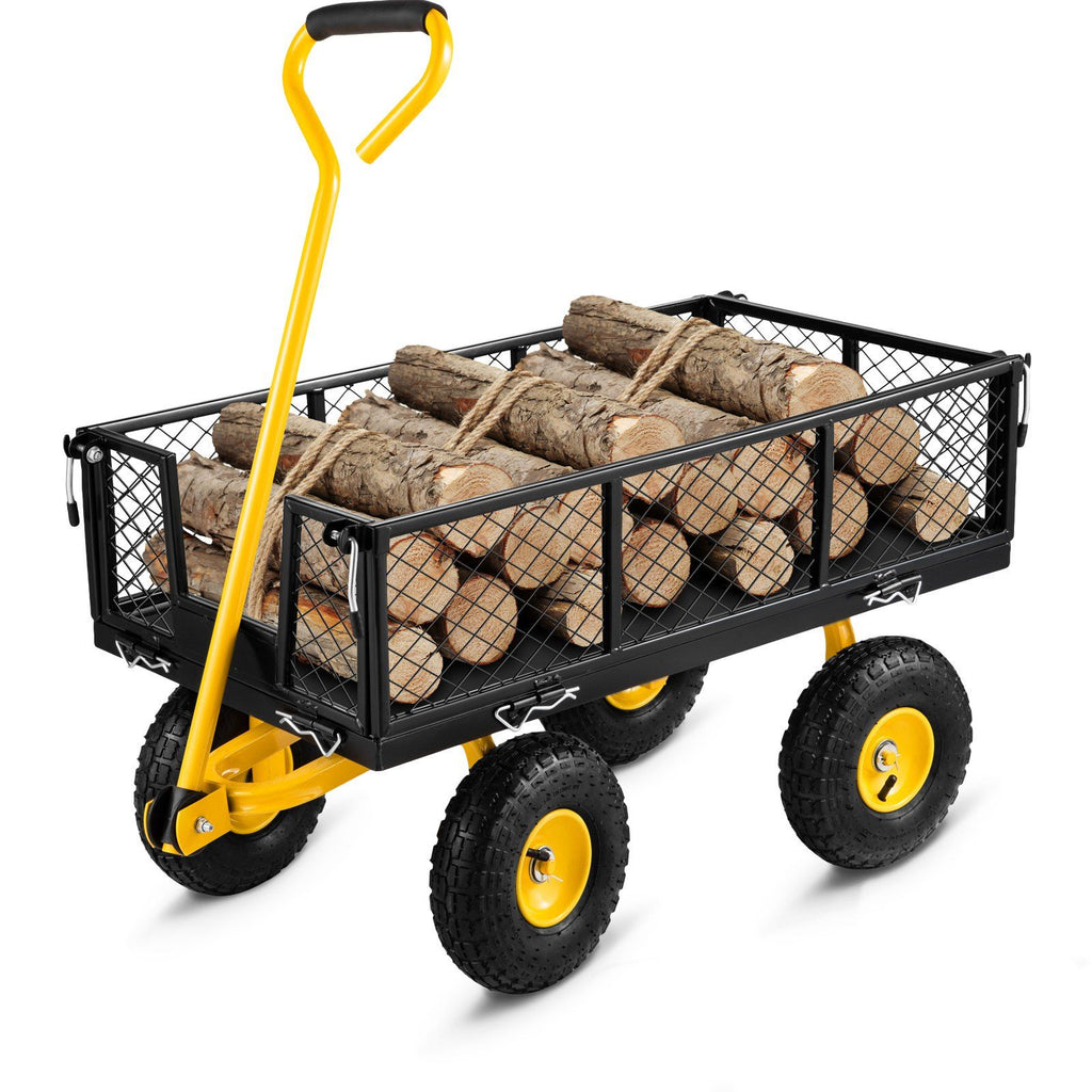 Steel Garden Cart, Heavy Duty 900 lbs Capacity, with Removable Mesh Sides to Convert into Flatbed, Utility Metal Wagon with 180° Rotating Handle and 10 in Tires, Perfect for Garden, Farm, Yard
