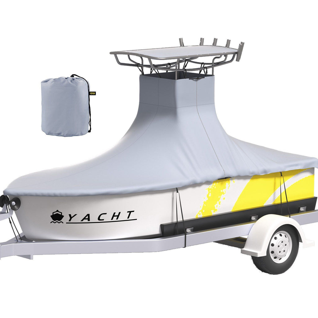 T-Top Boat Cover, Fit for 18.5'-20' Boat, Heavy Duty 600D Marine Grade Oxford Hard Top Cover, UV Resistant Waterproof Center Console Boat Cover w/ 2 Support Poles and 5 Wind-Proof Straps, Gray