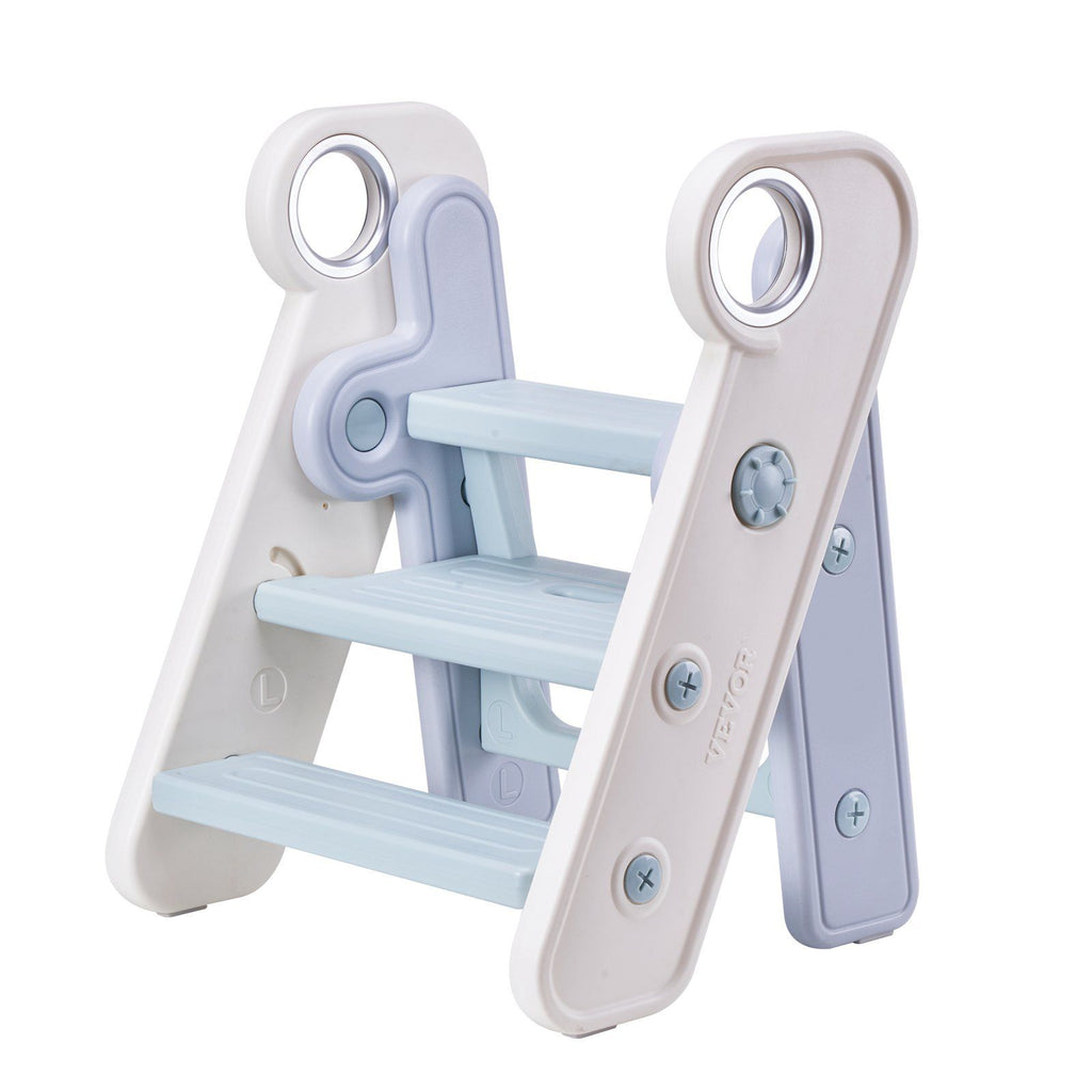 Toddler Step Stool, Adjustable 3 Step to 2-Step Kitchen Stool for Kids, Foldable Plastic Standing Tower Leaning Stool with Handles for Kitchen, Toilet Potty Training, Bathroom (Blue)