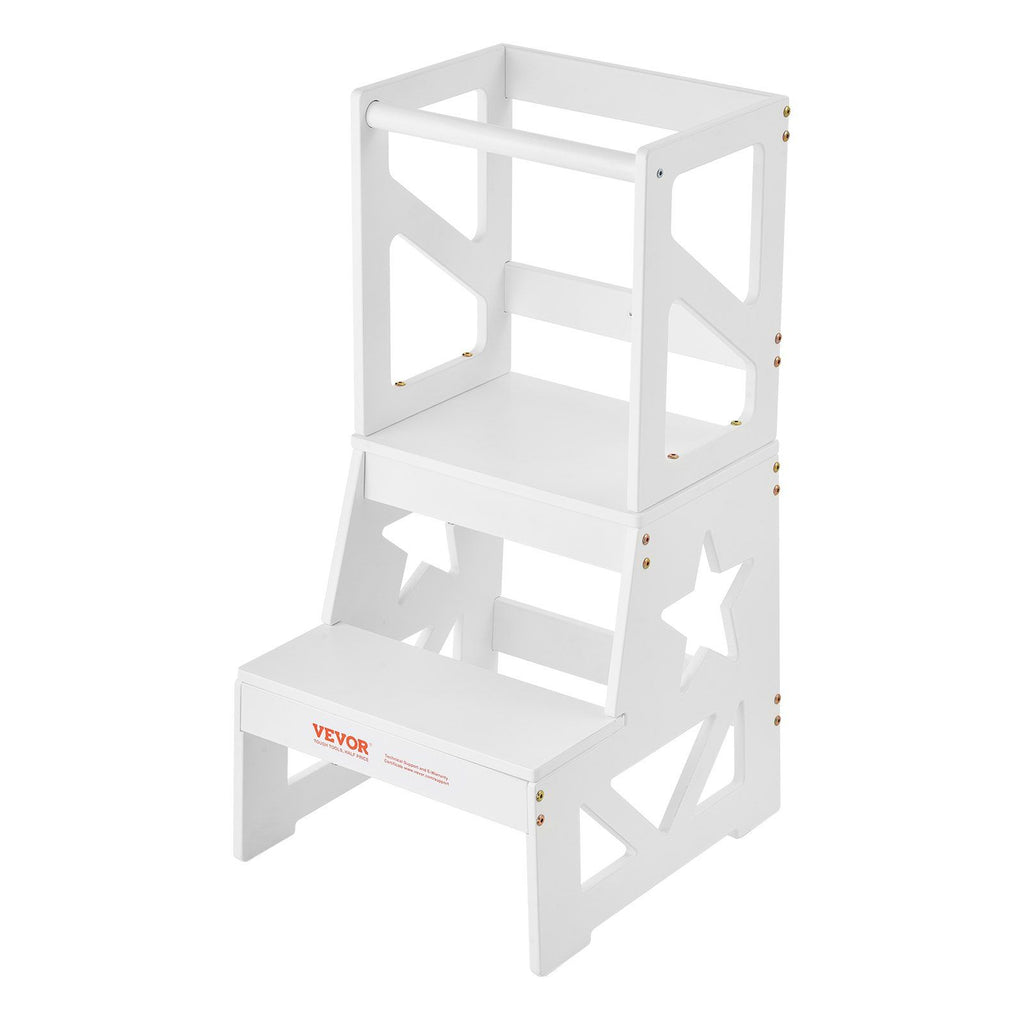 Toddler Step Stool, Natural Pine Wood Kids Kitchen Stool with Safety Rail, Standing Tower Learning Stool for Bedroom Bathroom Kitchen Counter, 150LBS Loading Capacity, White