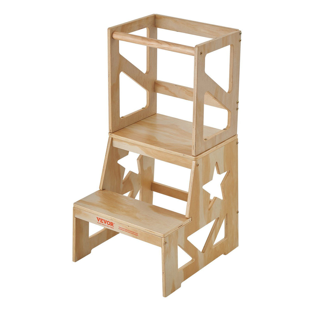 Toddler Step Stool, Natural Pine Wood Kids Kitchen Stool with Safety Rail, Standing Tower Learning Stool for Bedroom Bathroom Kitchen Counter, 150LBS Loading Capacity