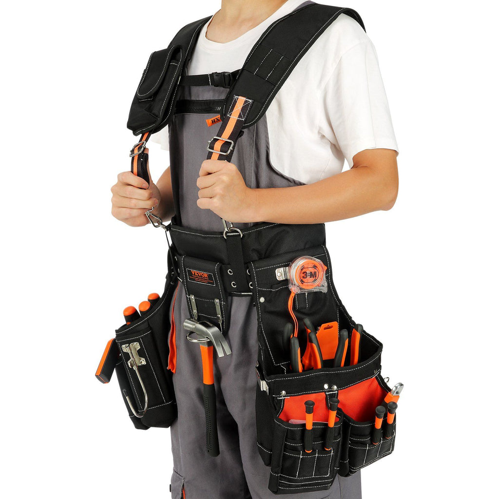 Tool Belt with Suspenders 1680D Polyester, 29 Pockets, 29-54 inches Adjustable Waist Size, Tool Belts for Men, Heavy Duty Carpenter Tool Pouch for Carpenters, Electricians, and Gardening, Black
