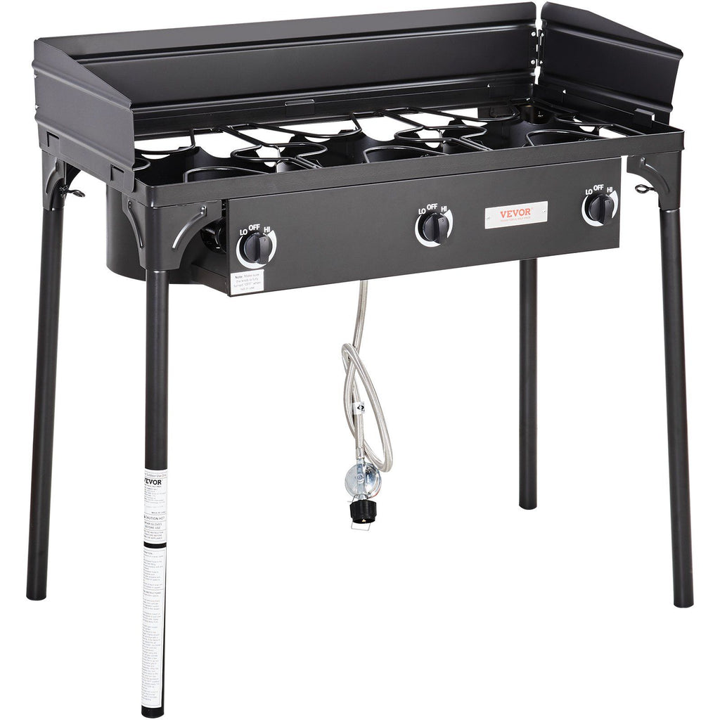 Triple Burner Outdoor Camping Stove, 90,000-BTU Camping Modular Cooking Stove, Heavy Duty Carbon Steel Gas Cooker with Detachable Legs Stand & PSI Regulator, for BBQ Home Camp Patio RV Cooking