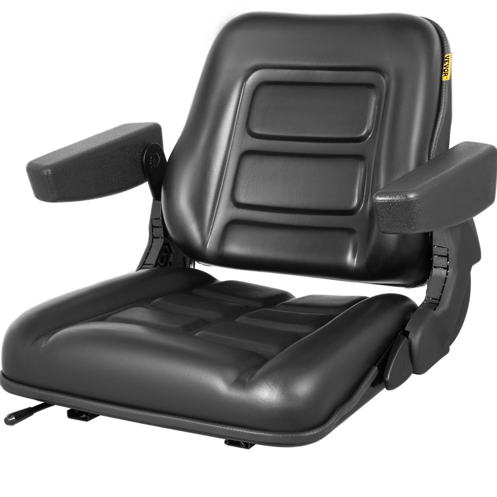 Universal Forklift Seat Black PVC Tractor Seat, 6"/150MM Adjustable Mower Seat Foldable Seat Including Armrests&Seat Switch, 18.5" x 20" x 18" Skid Steer Seat Fit Forklift, Tractor, Skid Loader
