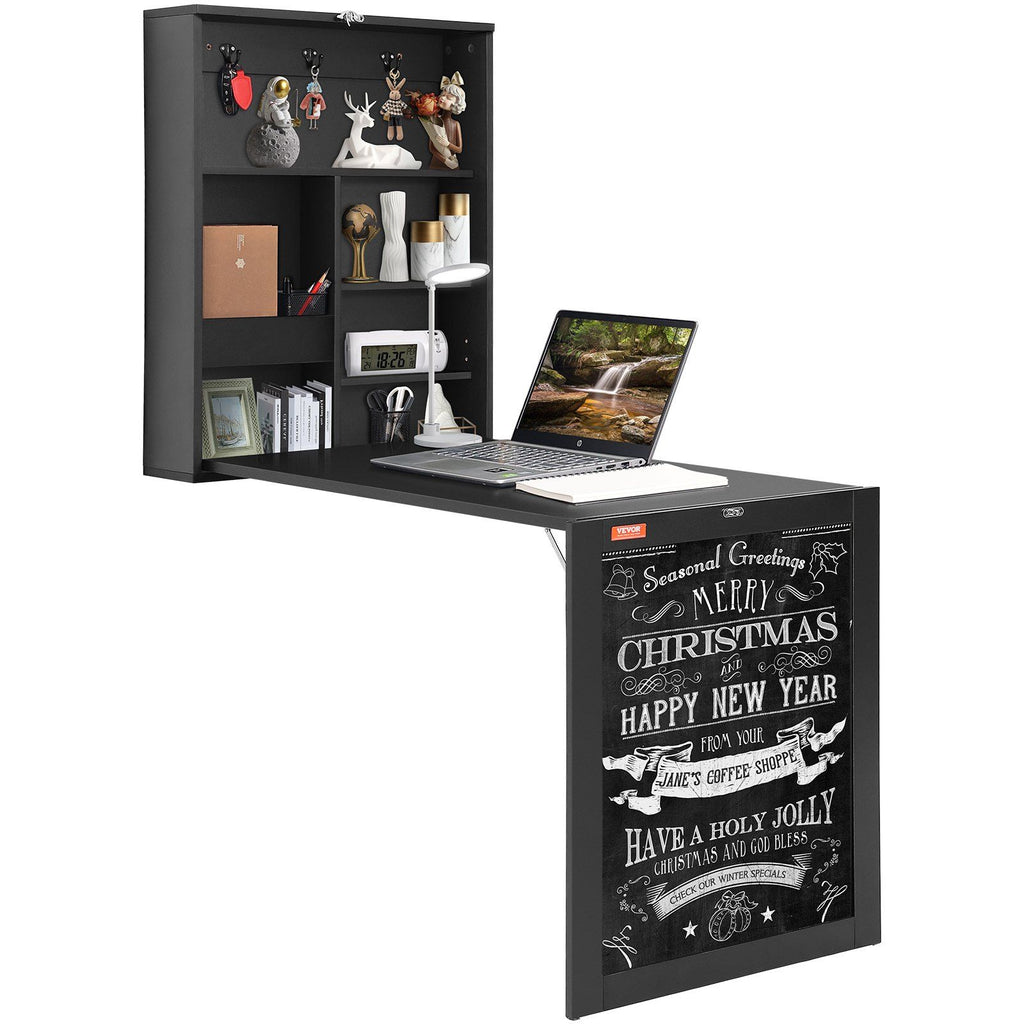 Wall Mounted Desk, Fold out Convertible Desk, Multi-Function Folding Wall Table with Chalkboard for Home Office, Space Saving Computer Desk with Storage Area