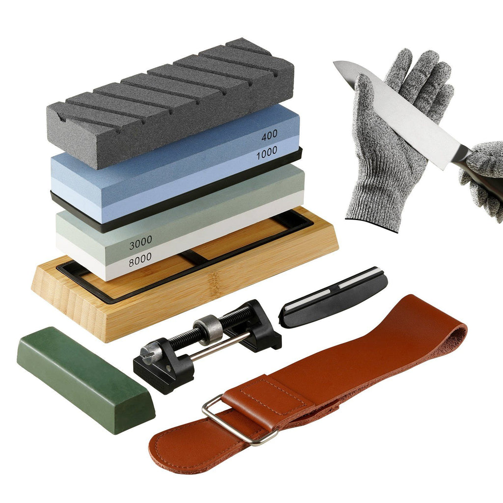 Whetstone Knife Sharpening Kit, 2 Dual-Sided Grit Whetstones 400/1000 3000/8000, 10PCS Knife Sharpener Kit with 3 Non-Slip Bases, Flattening Stone, Angle & Honing Guide for All Knives, Scissors