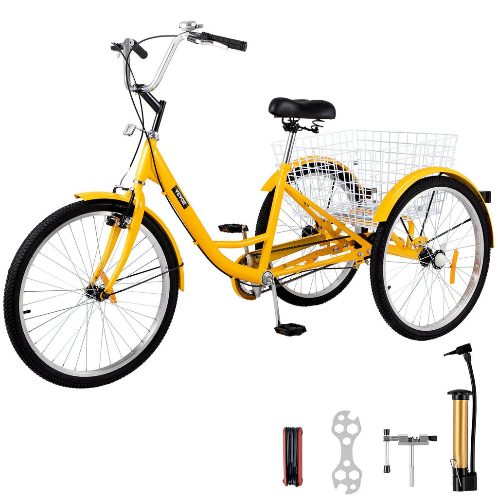 Yellow Adult Tricycle 24'' 1-Speed 3 Wheel Bikes, Foldable Adult Tricycle 3 Wheel Bike Trike for Adults, Cruise Bike 24 Inch Seat Adjustable Trike with Bell, Brake System and Basket for Shopping