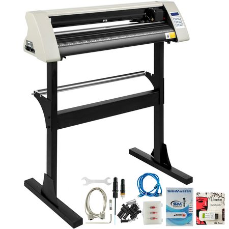 Vinyl Cutter Machine, 28 Inch Paper Feed Cutting Plotter Bundle, Adjustable Force & Speed Vinyl Printer, LCD Display Windows Compatible Sign Making kit with Signmaster, Sturdy Stand, 3Blades, Wh