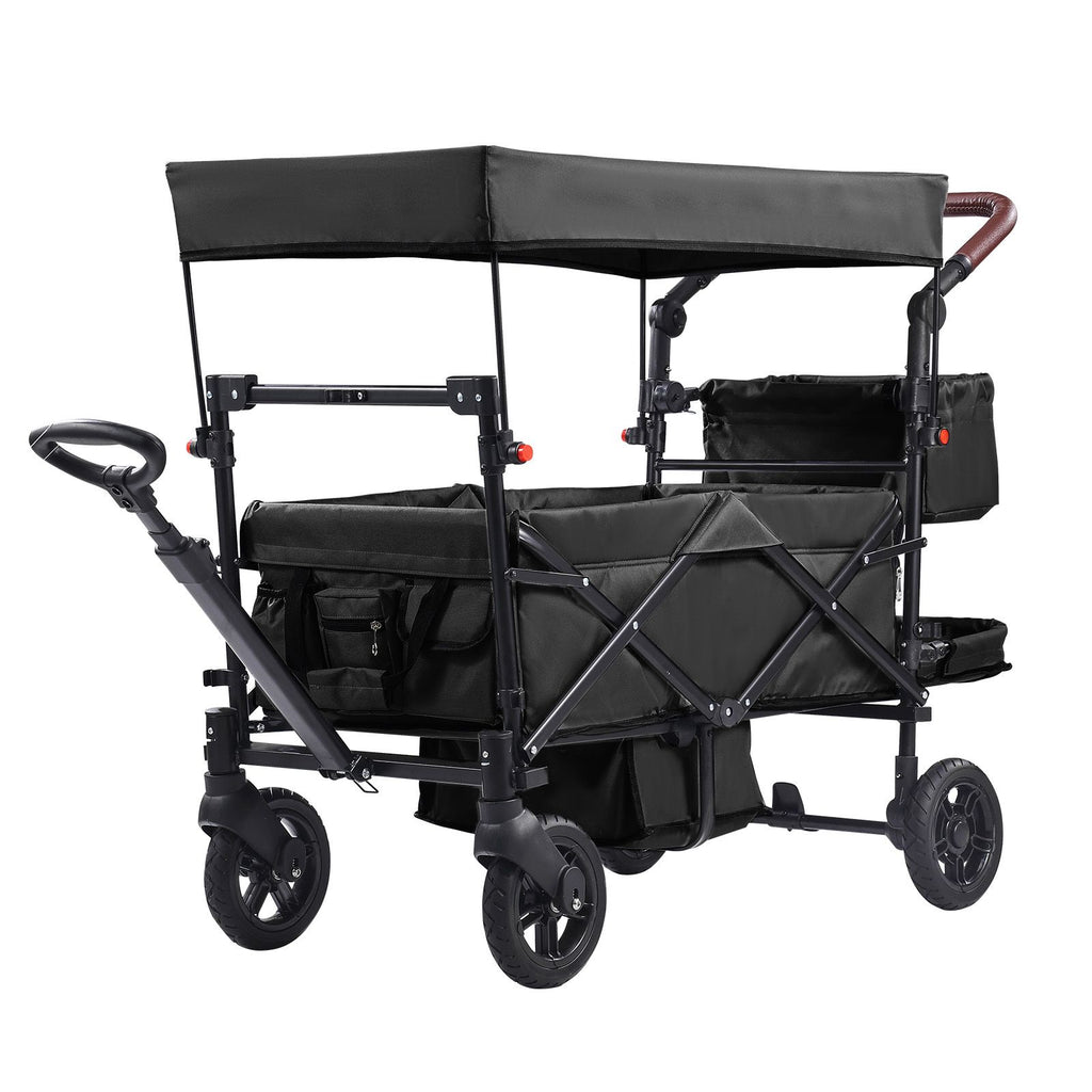 Wagon Stroller for 2 Kids, Push Pull Quad Collapsible Stroller with Adjustable Handle, Encircling Harness Removable Canopy, 4 Wheels with Brakes, Mutifunction Tandem Stroller for Camping Black