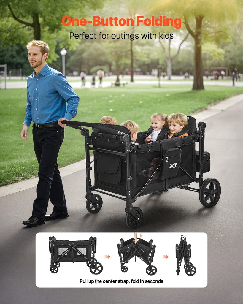 Wagon Stroller for 4 Kids, Push Pull Quad Collapsible Stroller with Adjustable Handle, 5-Point Safety Harness & Removable Canopy, 4-Seater Stroller Wagon for Camping, Black (330LBS Loading) image 2
