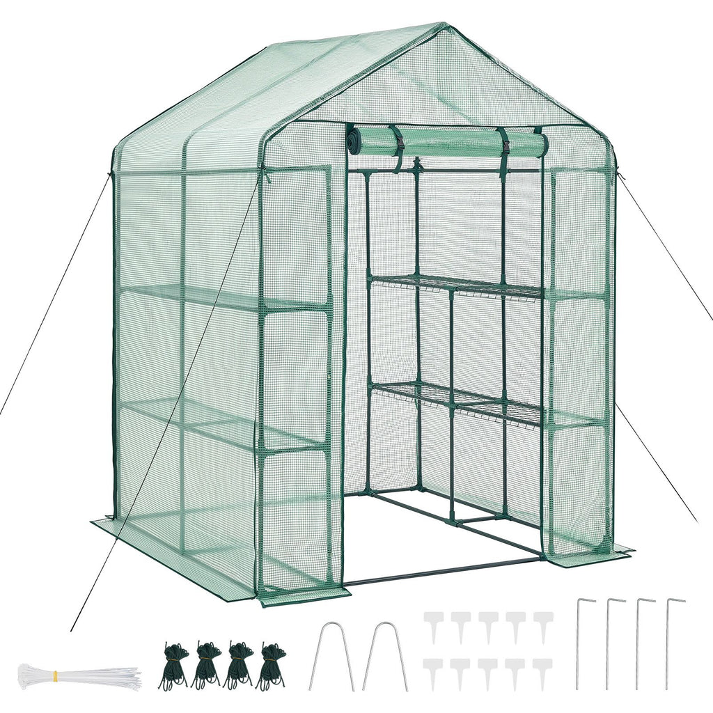Walk-in Greenhouse, 55.5" x 56.1" x 78.7" Greenhouse for Outdoors with PE Cover, 2 Tiers 8 Shelves, Roll-Up Zipper Door, Walk in Green House, Portable Plant Garden Hot House for Backyard Outside