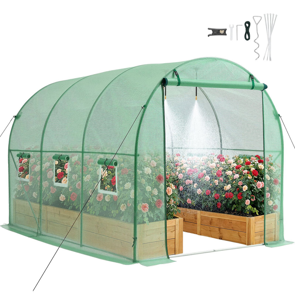 Walk-in Tunnel Greenhouse, 10 x 7 x 7 ft Hoop House Greenhouse Tunnel, Plant Hot House with 4 Nozzles, 26.25 ft Hose, Steel Frame, PE Cover, Roll-up Zipper Door and 6 Windows for Outdoors, Green