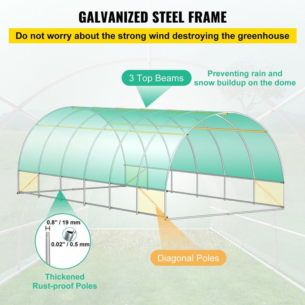 Walk-in Tunnel Greenhouse, 20 x 10 x 7 ft Portable Plant Hot House with Galvanized Steel Hoops, 3 Top Beams, Diagonal Poles, 2 Zippered Doors & 12 Roll-up Windows, Green