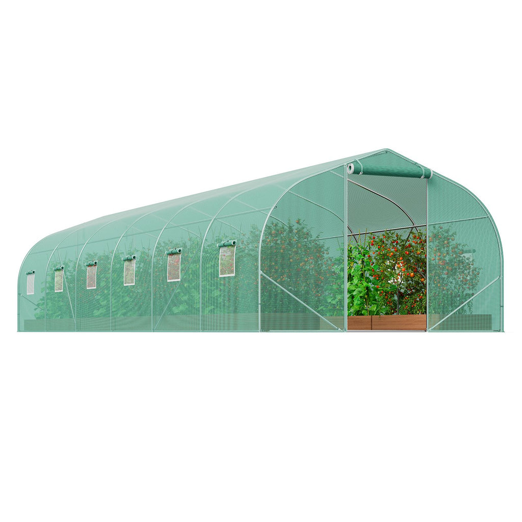 Walk-in Tunnel Greenhouse, 29.5x9.8x6.6 ft Hoop House Greenhouse Tunnel, Peaked Roof Plant Hot House with Galvanized Steel Frame, Green PE Cover, Roll-up Zipper Door and 12 Windows for Outdoor