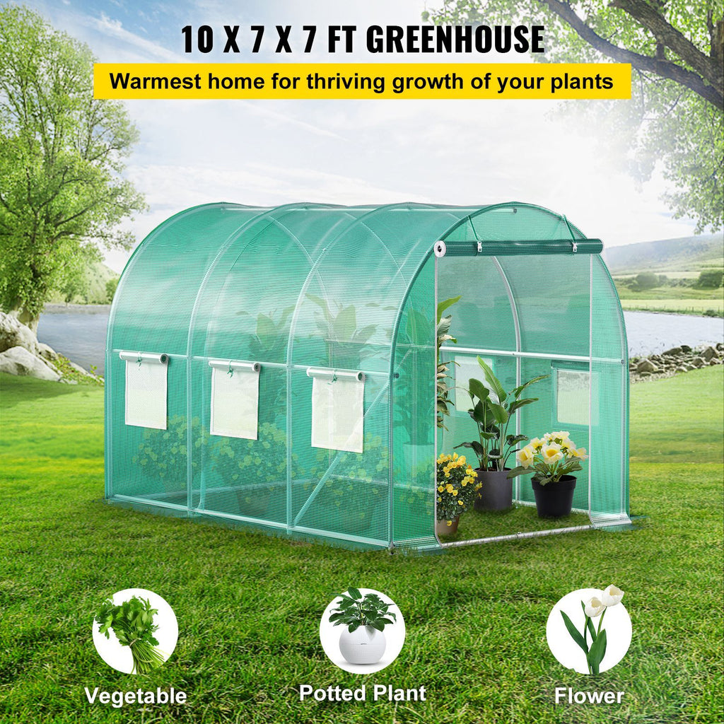 Walk-in Tunnel Greenhouse, 9.8 x 6.6 x 6.6 ft Portable Plant Hot House with Galvanized Steel Hoops, 1 Top Beam, Diagonal Poles, Zippered Door & 6 Roll-up Windows, Green