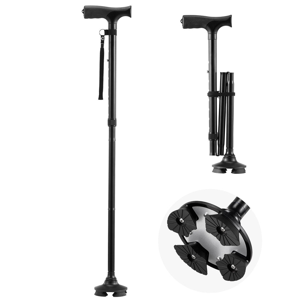 Walking Cane for Man Woman, Folding Walking Stick with 8-Level Adjustable Height, 4-Pronged Pivoting Base, Lightweight & Portable Aluminum Mobility Aid for Seniors Adults, 250LBS Loading (Black)