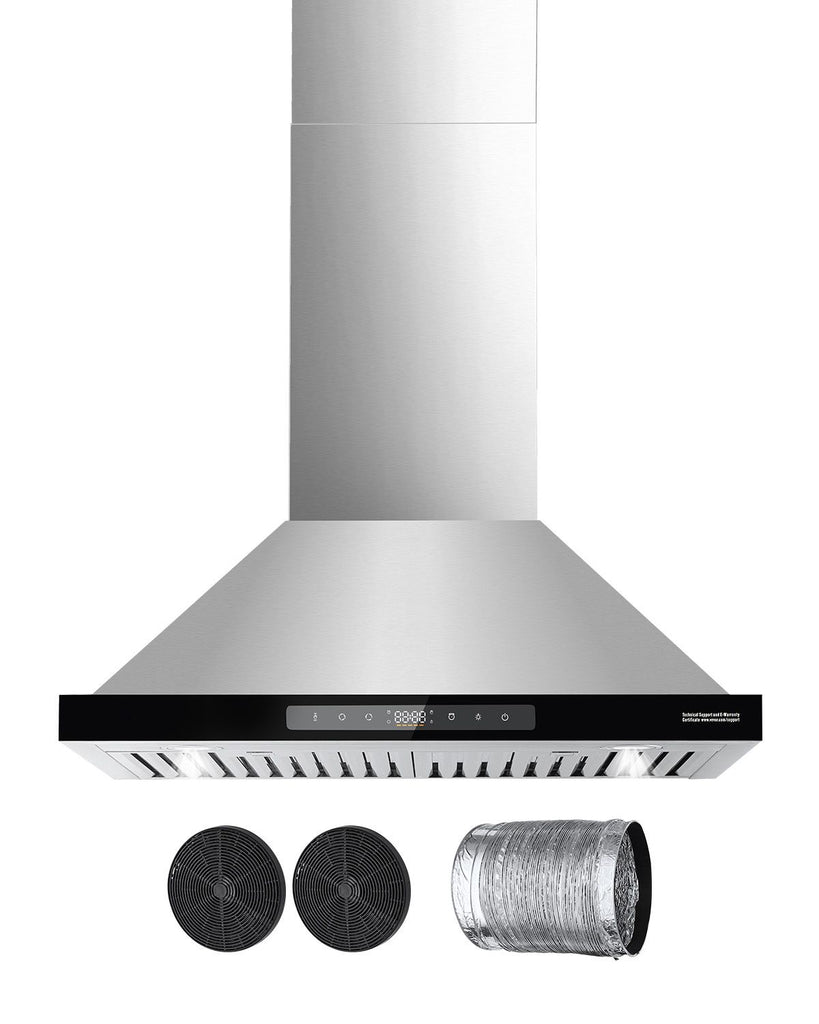 Wall Mount Range Hood, 30 inch Chimney-Style Ceiling Mount Vent, 800 CFM Stainless Steel Kitchen Stove Hood with Gesture & Touch Control, LED Light, Baffle Filters, Ducted/Ductless Convertible