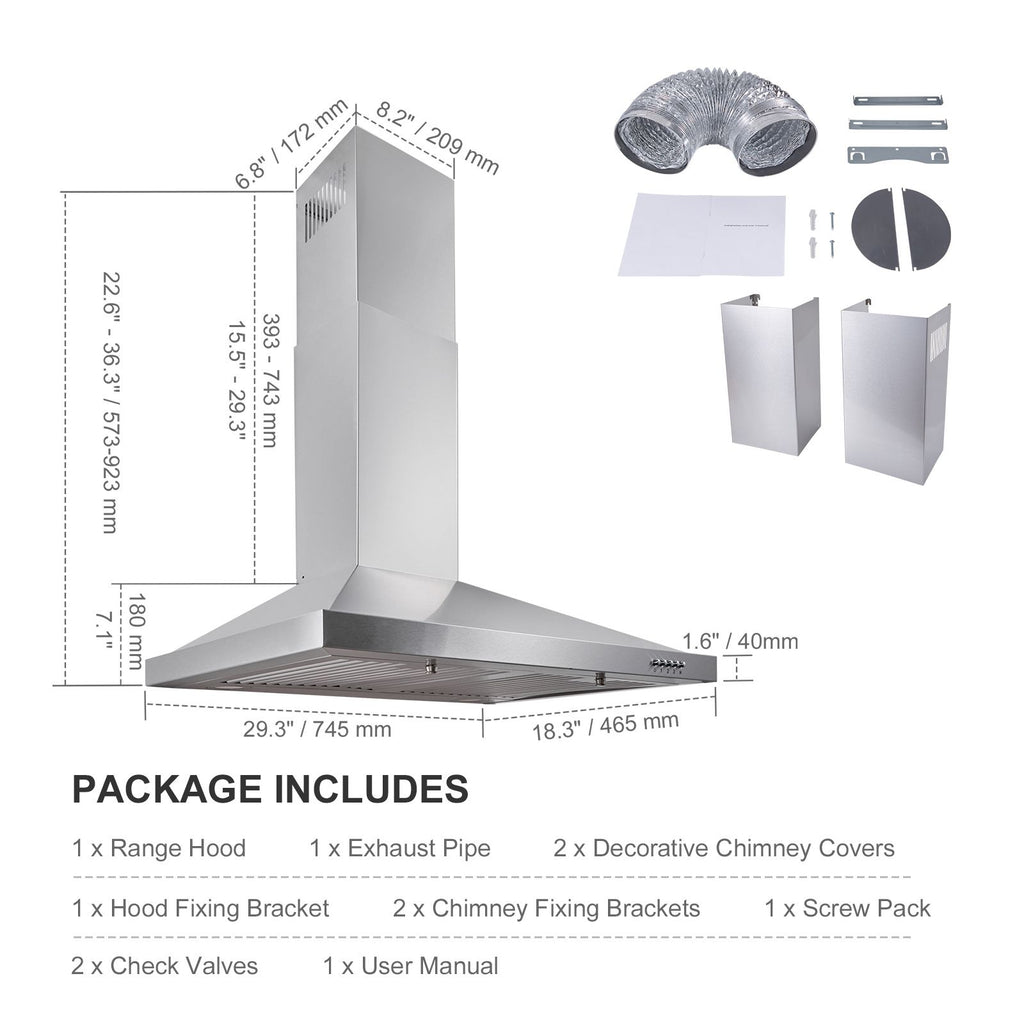 Wall Mount Range Hood, Ductless Chimney-Style Kitchen Stove Vent, Stainless Steel Permanent Filter with 3-Speed Exhaust Fan, 2 Baffle Filters, LED Lights, Push Button, Silver (30 inch)