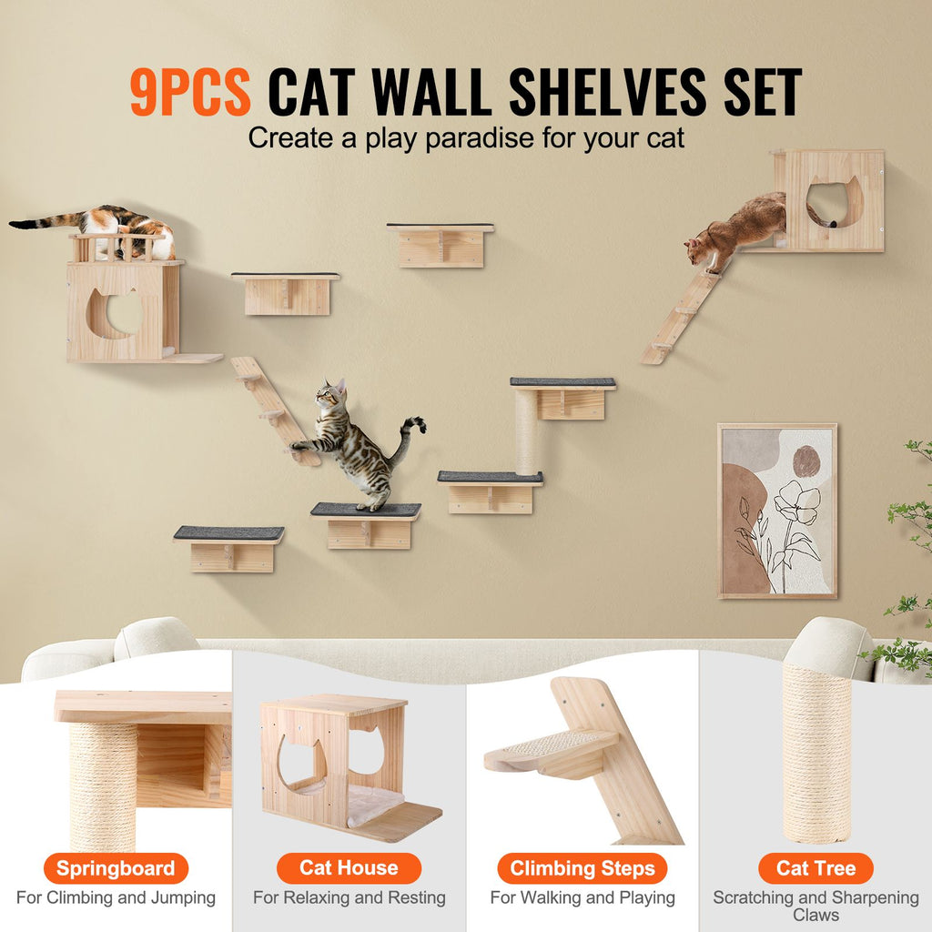 Wall Mounted Cat Shelves, Cat Wall Shelves and Perches with Jumping Boards, Cat Beds, Hammocks & Cat Tree, Cat Furniture and Shelves up to 40 lbs for Sleeping, Playing, Climbing, Set of 9 image 2