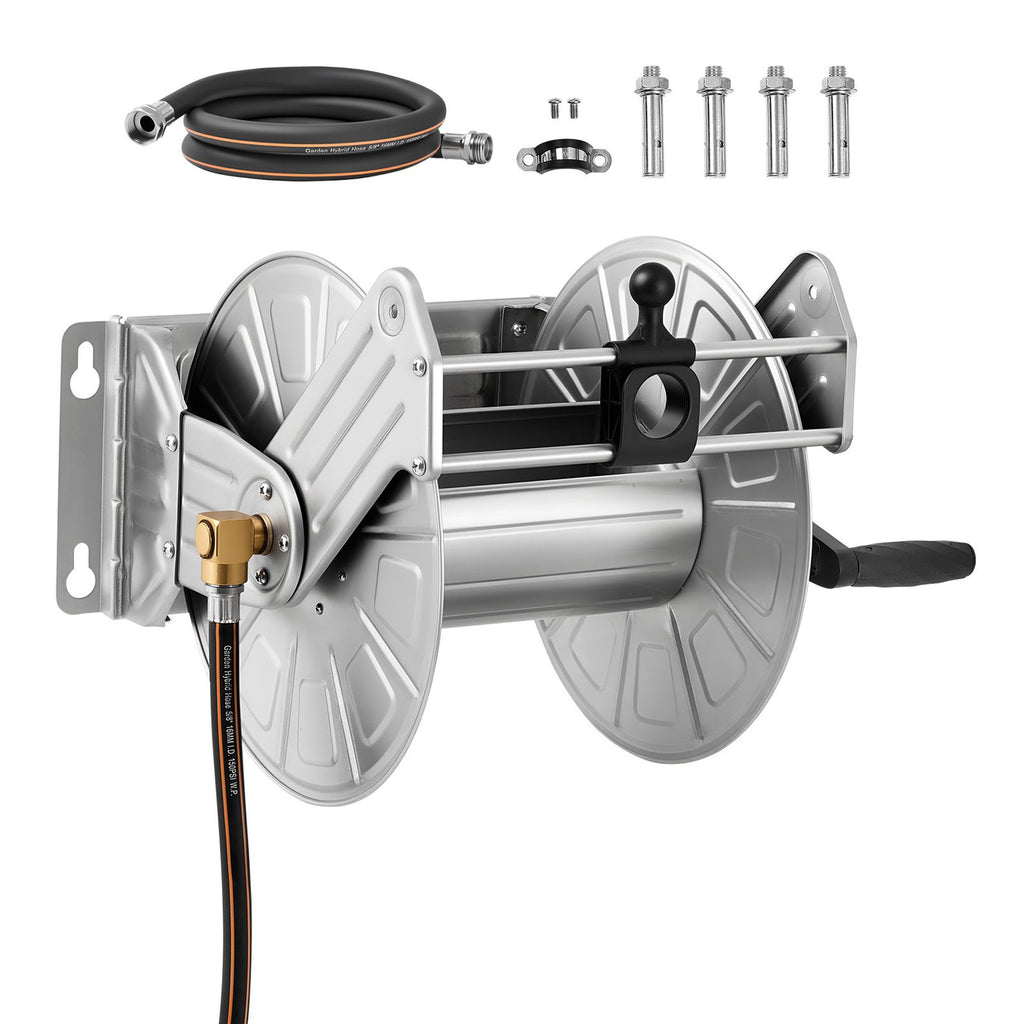 Wall Mounted Garden Hose Reel, Holds 150 ft 5/8-inch Water Hose Winder, Heavy-Duty Stainless Steel, Outdoor Manual Reel with Brass Fitting & Hose Guide, Space Saving, for Yard Lawn Garage