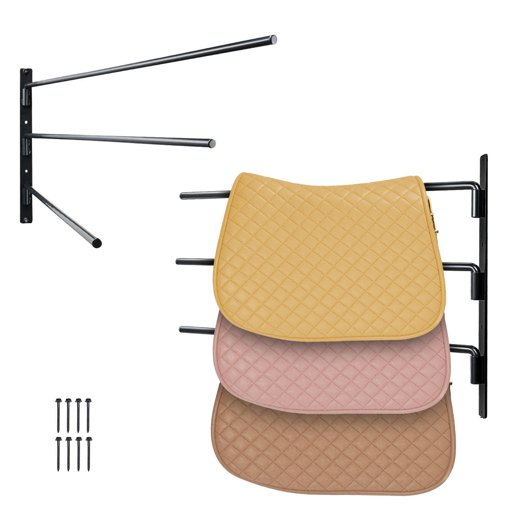 Wall Mounted Saddle Rack, 30.9 x 29.9 x 5.5 in, 2 Packs Swing Out Saddle Holder, Three Tiers Horse Saddle Stand, Space Saving Horse Pad and Blanket Rack for Tack Room Organization