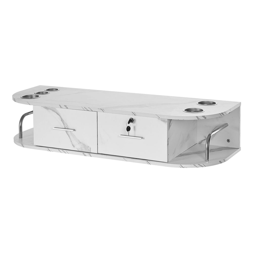 Wall-Mounted Salon Station, Equipped with 5 Holders for Hair Dryers, Includes 2 Drawers (One with Lock), Ideal for SPA, Barber Shops, Home & Bathroom Use, in Elegant Marble White
