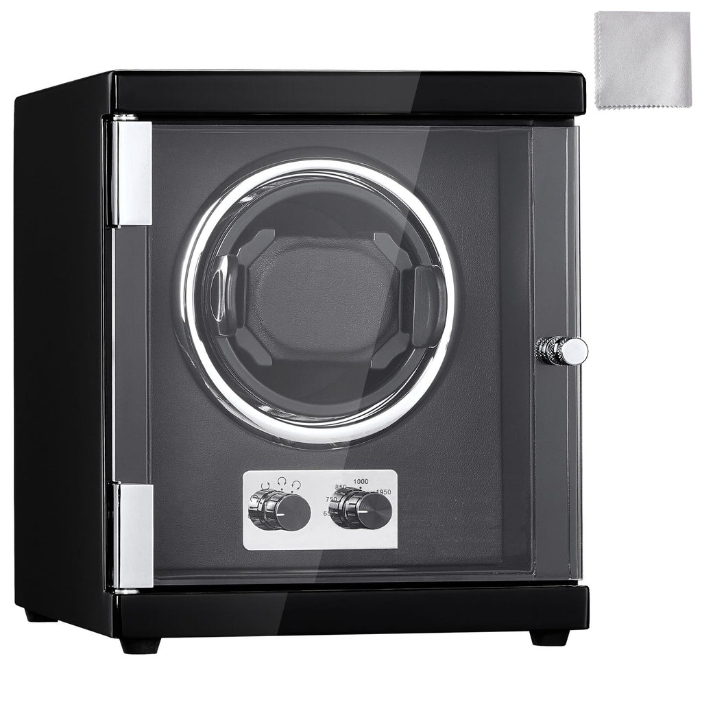 Watch Winder, Single Watch Winder for Men's and Women's Automatic Watch, with Super Quiet Japanese Mabuchi Motor, Blue LED Light and Adapter, High-Density Board Shell and Black PU