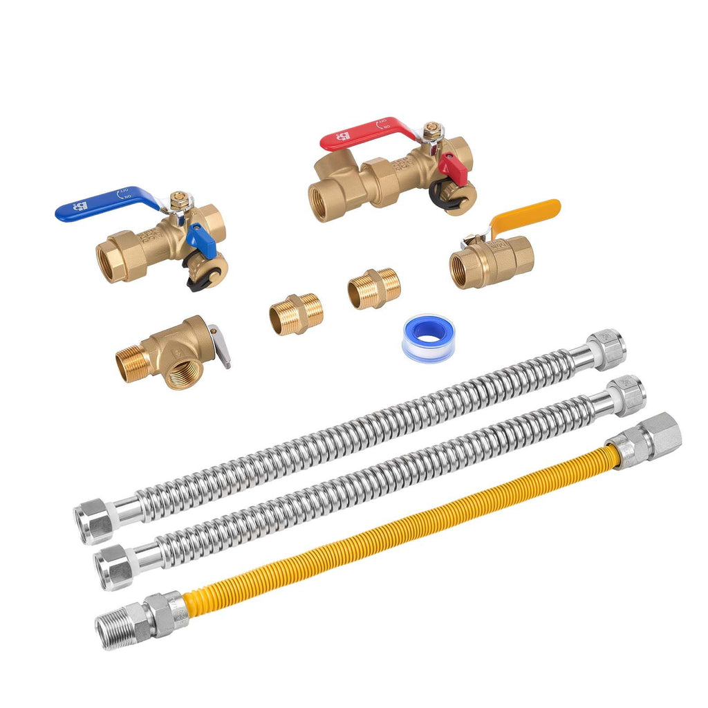 Water Heater Kit, 3/4 Inch Cold & Hot Water Plumbing Repair Kit with 600 WOG Isolation Valves, Pressure Relief Valve, Dual-Layer Gas Hose, Compatible with Most Tankless Waters Heater Brands