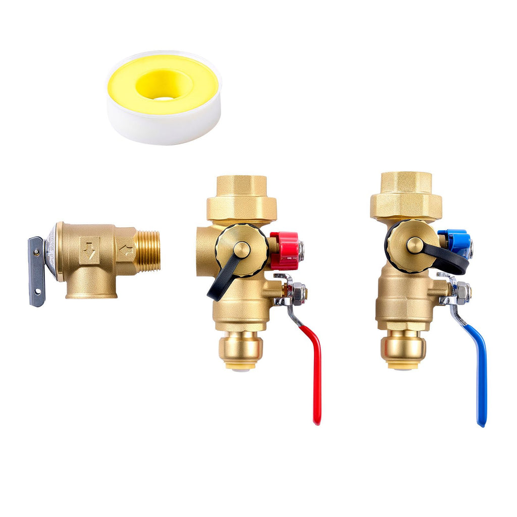 Water Heater Kit, 3/4 Inch Tankless Water Heater Service Valve Kit with 2PCS 3/4″ NPT to 3/4″ PTC Isolation Valves, Pressure Relief Valve, Fits Most Tankless Waters Heaters, Lead-Free Brass