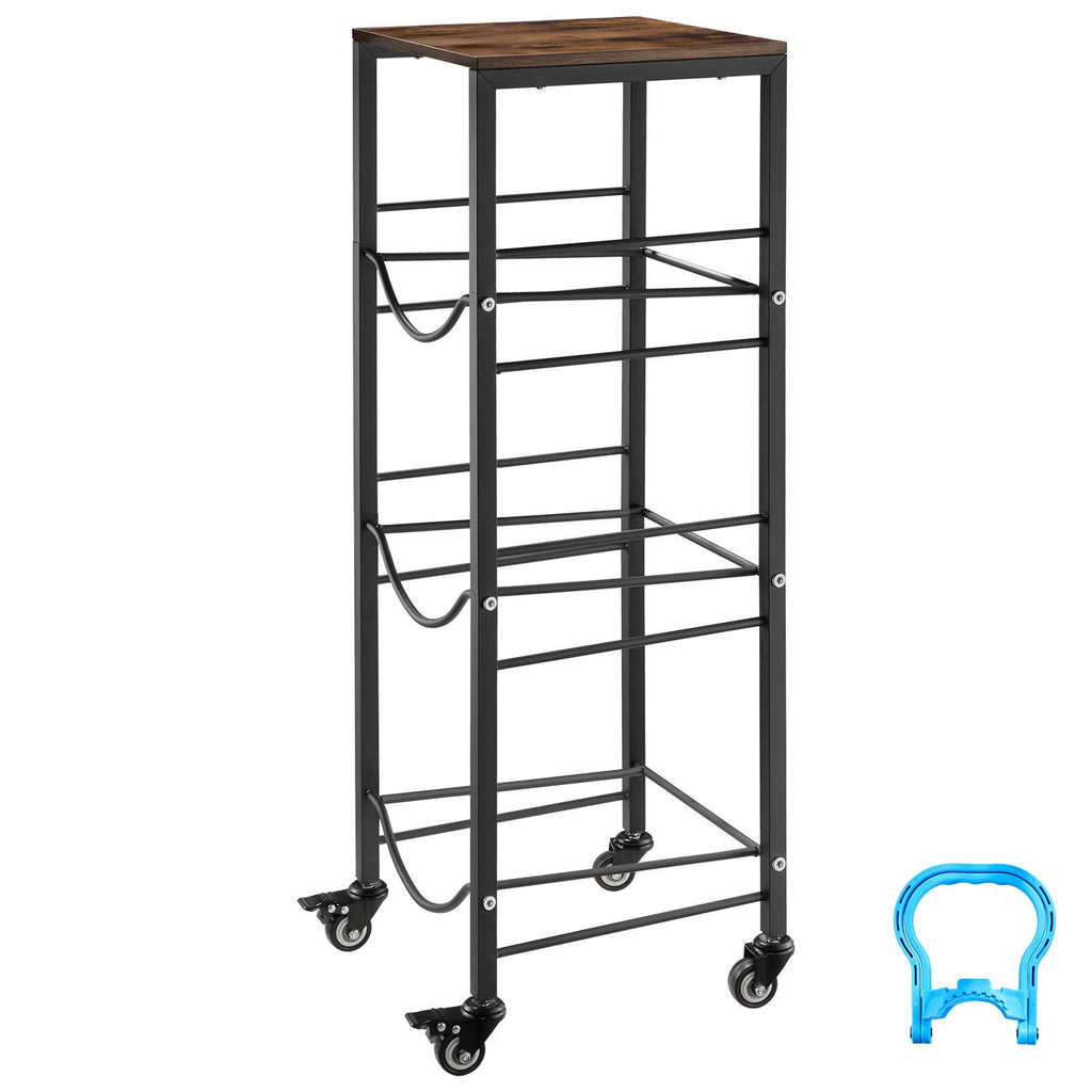 Water Jug Holder, 4 Tiers 3 and 5 Gallon Water Bottle Holder for 3 Bottles, Heavy Duty Jug Rack Organizer with Storage Shelf and Casters, for Kitchen, Office, Living Room, Black and Brown