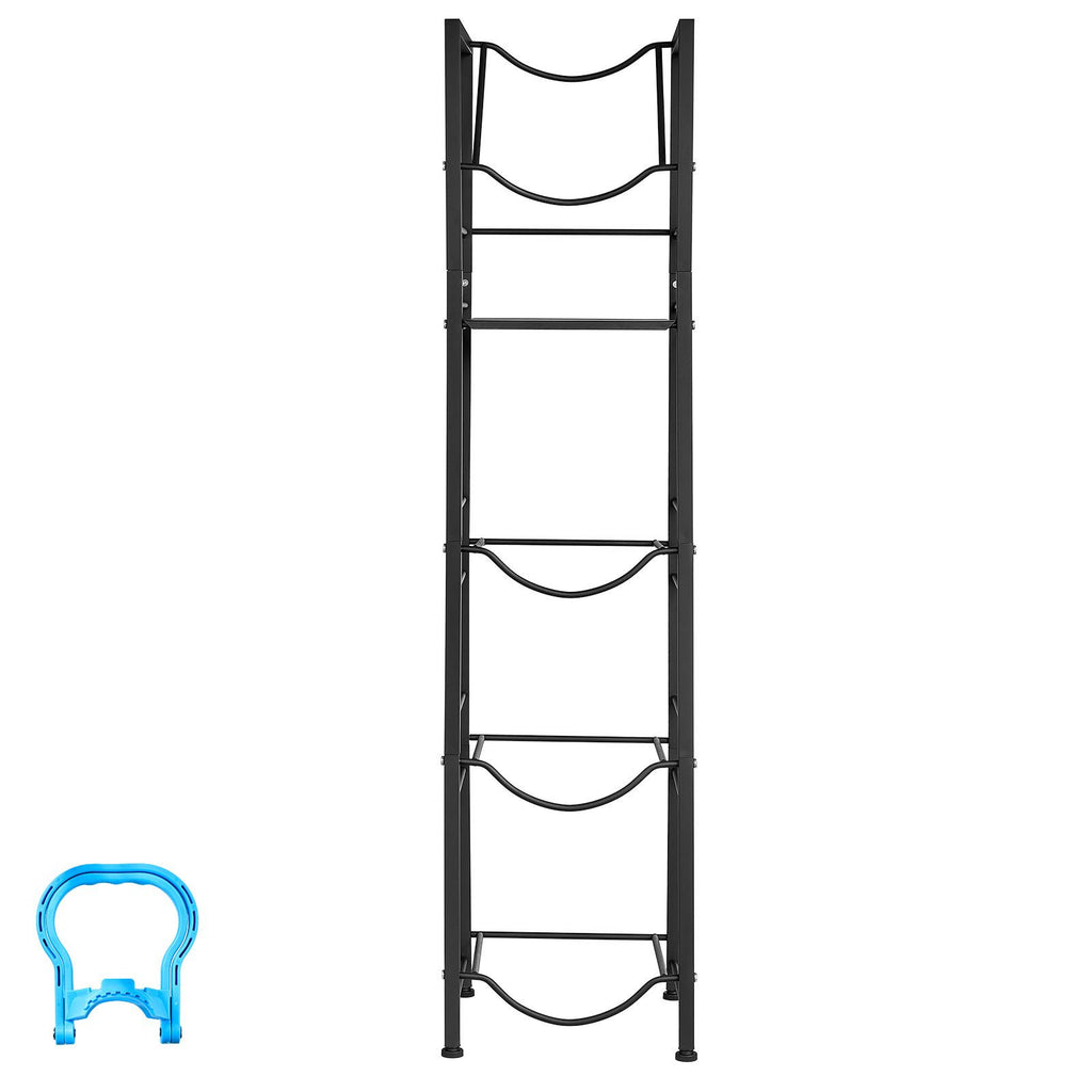 Water Jug Holder, 5 Tiers 3 and 5 Gallon Water Bottle Holder for 4 Bottles, Heavy Duty Jug Rack Organizer with Storage Shelf, Adjustable Feet, and Handle, for Kitchen, Office, Living Room, Black