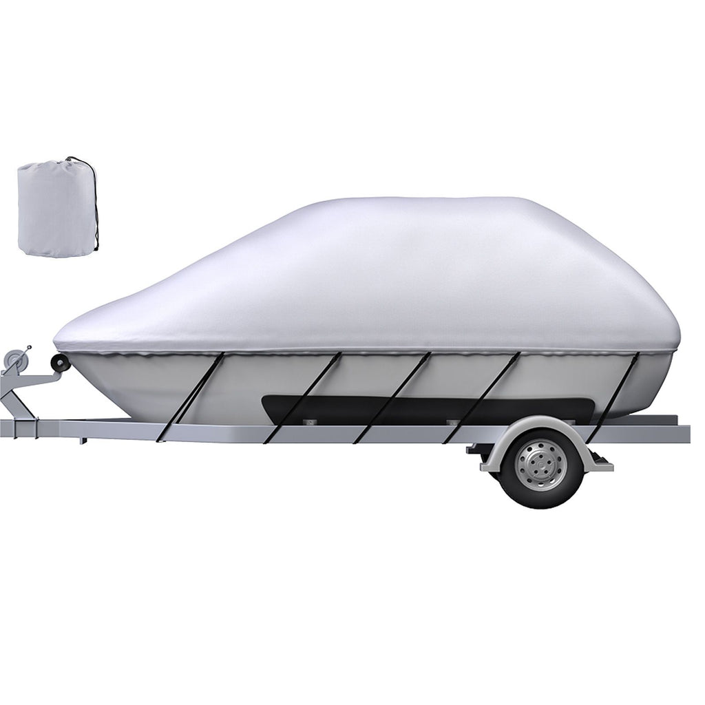 Waterproof Boat Cover, 14'-16' Trailerable Boat Cover, Beam Width up to 90" v Hull Cover Heavy Duty 600D Marine Grade Polyester Mooring Cover for Fits V-Hull Boat with 5 Tightening Straps