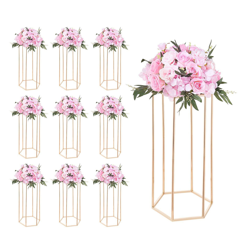 Wedding Flower Stand, 10PCS 23.62-inch Column Flower Stand, Floral Stands with Acrylic Laminate, Hexagonal Cubic Floral Display Rack for Wedding, Party, Birthday, Home, Gold Centerpiece Stands