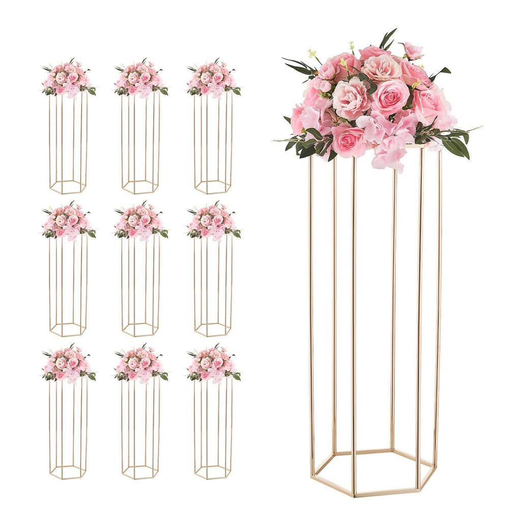 Wedding Flower Stand, 10PCS 31.5-inch Column Flower Stand, Floral Stands with Acrylic Laminate, Hexagonal Cubic Floral Display Rack for Wedding, Party, Birthday, Home, Gold Centerpiece Stands