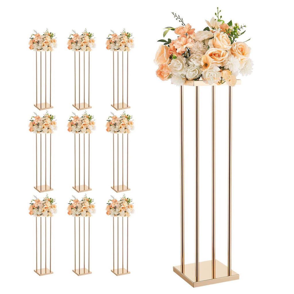 Wedding Flower Stand, 10PCS 31.5-inch Column Flower Stand, Floral Stands with Metal Laminate, Cylindrical Cubic Floral Display Rack for Wedding, Party, Birthday, Home, Gold Centerpiece Stands