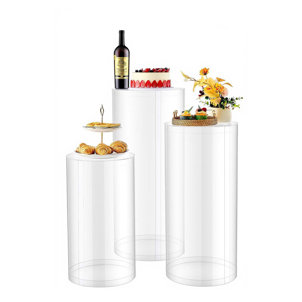 Wedding Flower Stand, 3PCS 23.62/29.53/35.43 inch Round Cylinder Plinth, Clear Pedestal Stand with Transparent Acrylic Lid, Cylindrical Pedestal Stands for Wedding, Party, Birthday, Art Decor