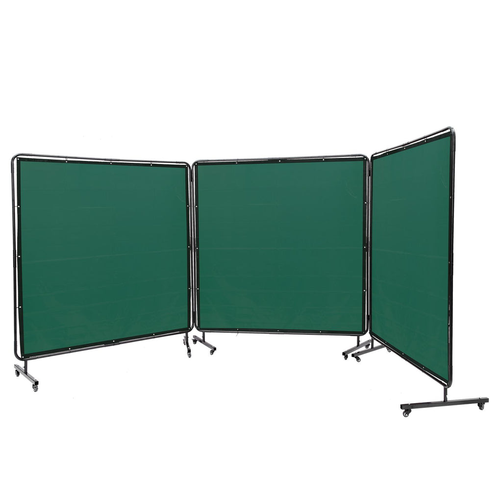 Welding Screen with Frame, 6' x 6' 3 Panel Welding Curtain Screens, Flame-Resistant Vinyl Welding Protection Screen on 12 Swivel Wheels (6 Lockable), Moveable & Professional for Workshop, Green image 2