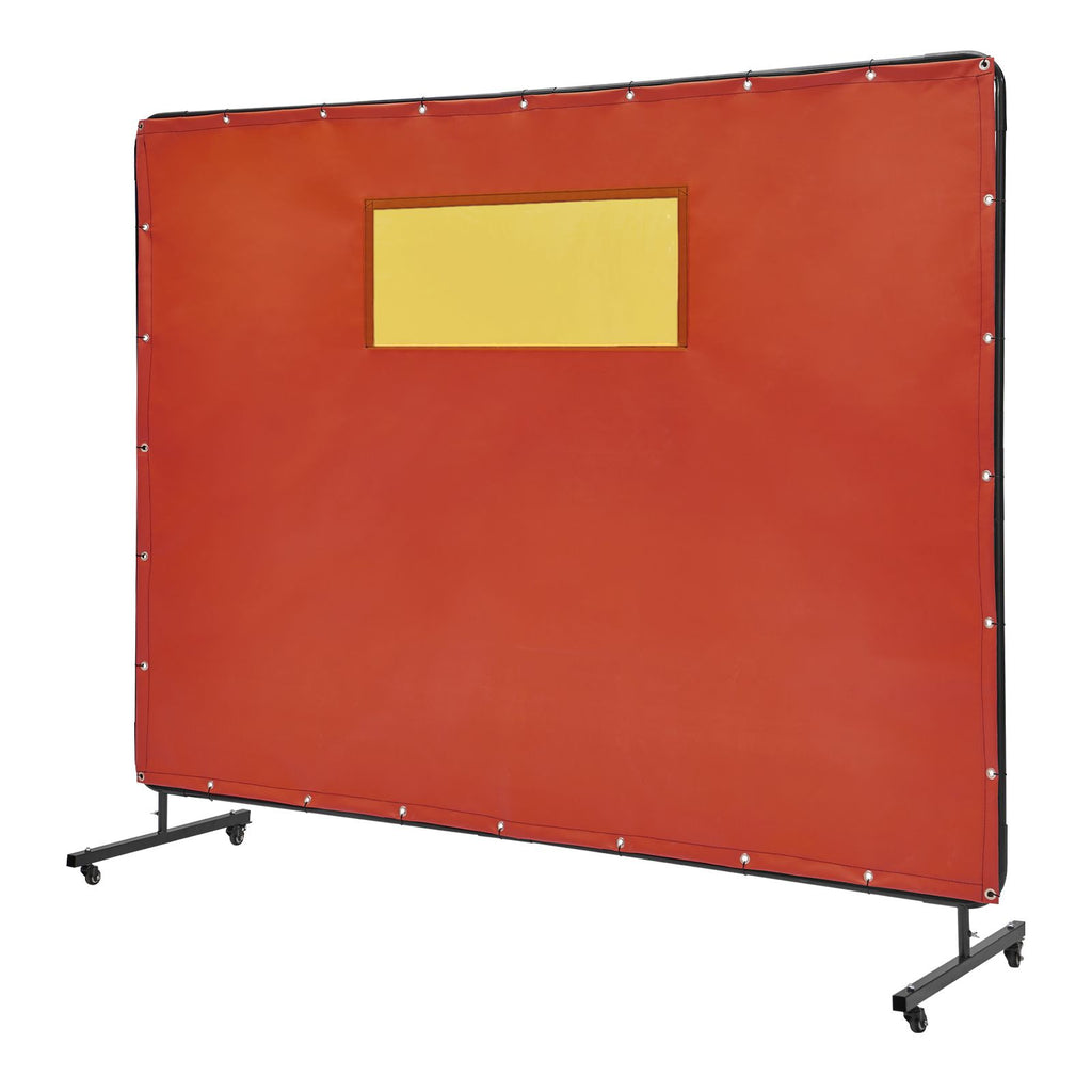 Welding Screen with Frame, 6' x 8' Welding Curtain Screens, Flame-Resistant Vinyl Welding Protection Screen with 4 Swivel Wheels (2 Lockable) & Transparent Window for Workshop/Industrial, Red