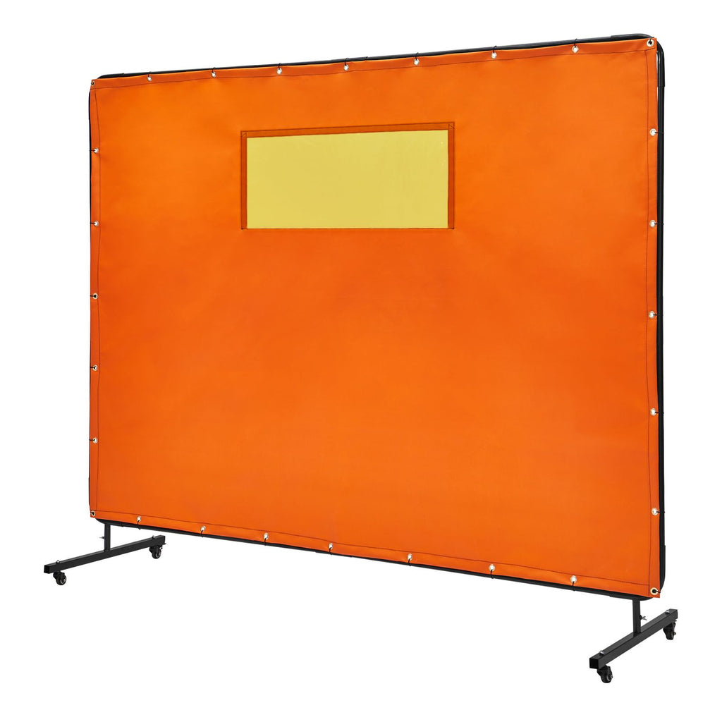 Welding Screen with Frame, 6' x 8' Welding Curtain Screens, Flame-Resistant Vinyl Welding Protection Screen with 4 Swivel Wheels (2 Lockable) & Transparent Window for Workshop/Industrial, Yellow