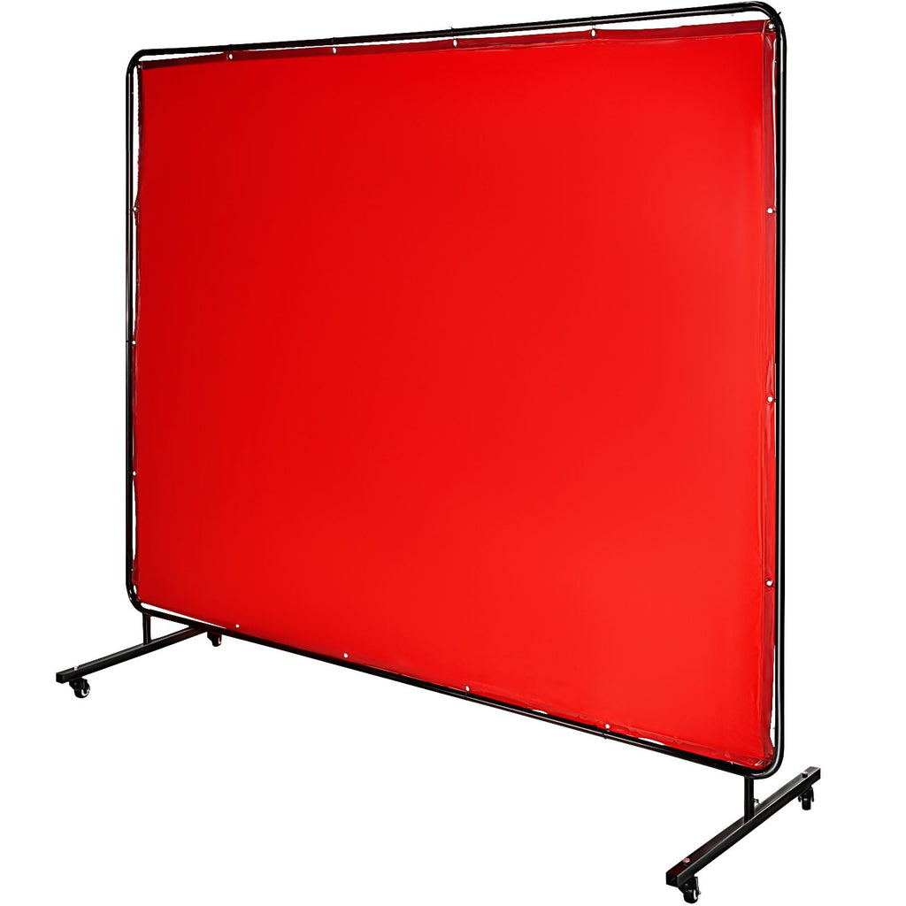 Welding Screen with Frame 8\' x 6\', Welding Curtain with 4 Wheels, Welding Protection Screen Red Flame-Resistant Vinyl, Portable Light-Proof Professional