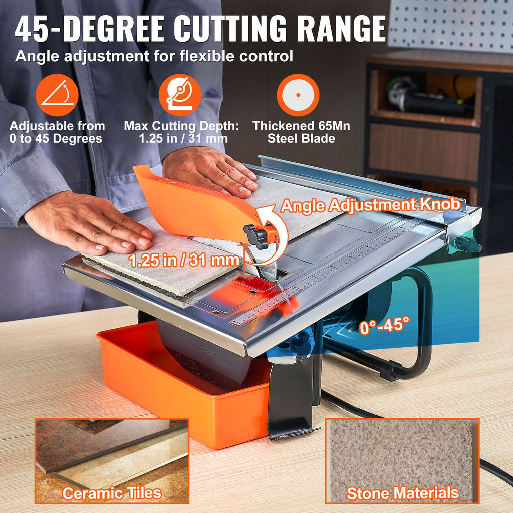 Wet Tile Saw, 7-inch 65Mn Steel Blade, 3500 RPM Induction Motor, Tile Cutter Wet Saw with Water Reservoir, 0-45 Degrees Miter Angle for Cutting Tiles and Stones, for DIY Enthusiasts image 2