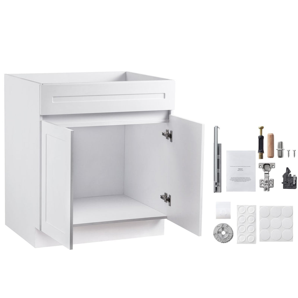 White Shaker Base Cabinet, 30-Inch Unassembled Sink Base Cabinet, 30" W x 24" D x 34.5" H Ready to Assemble Cabinet with Soft-Close Doors and Adjustable Shelf, for Home Office