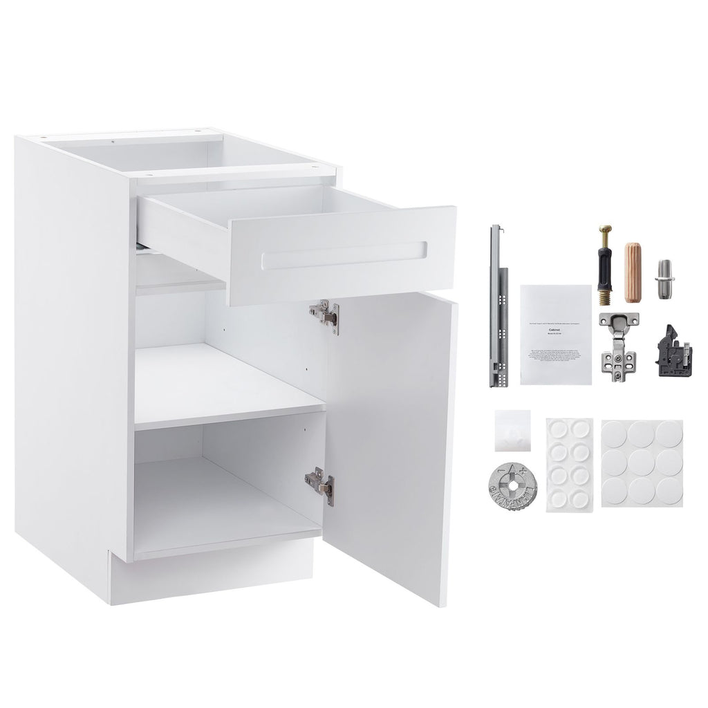 White Shaker Base Cabinet with Drawer, 18-Inch Unassembled Drawer Base Cabinet, 18" W x 24" D x 34.5" H Ready to Assemble Cabinet with Soft-Close Door and Adjustable Shelf, for Home Office