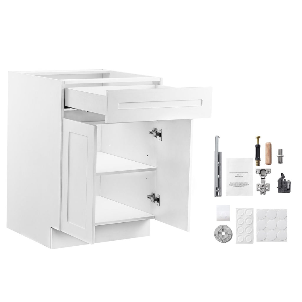 White Shaker Base Cabinet with Drawer, 24-Inch Unassembled Drawer Base Cabinet, 24" W x 24" D x 34.5" H Ready to Assemble Cabinet with Soft-Close Doors and Adjustable Shelf, for Home Office