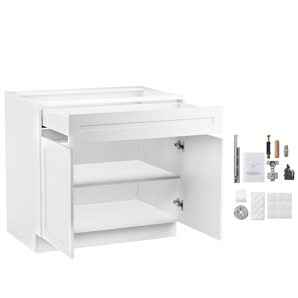 White Shaker Base Cabinet with Drawer, 30-Inch Unassembled Drawer Base Cabinet, 30" W x 24" D x 34.5" H Ready to Assemble Cabinet with Soft-Close Doors and Adjustable Shelf, for Home Office