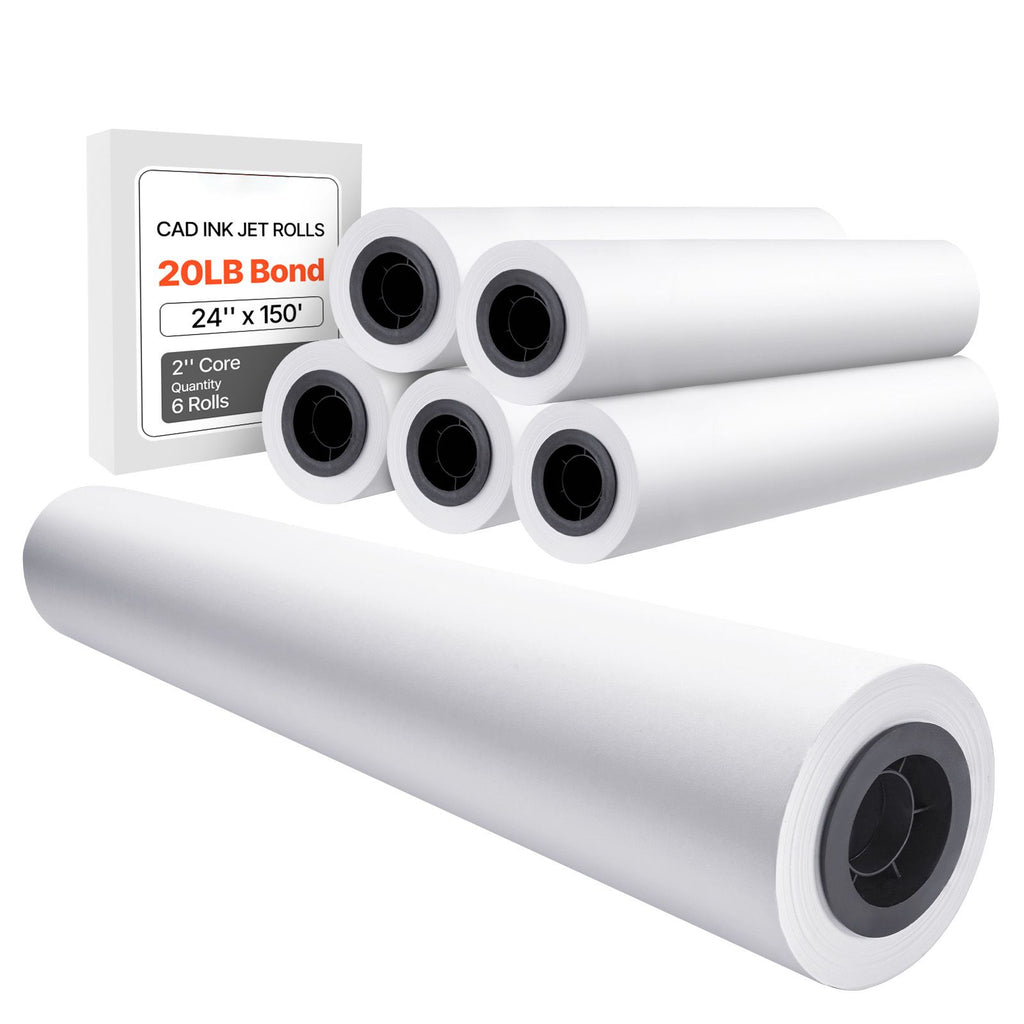 Wide Format Paper, 24 in x 150 ft Plotter Paper, 6 Rolls CAD Bond Rolls with 2 in Core, 20 LB Bond Paper Rolls, Idea for CAD Drawings, Engineering Plans, GIS Maps & Architectural Designs